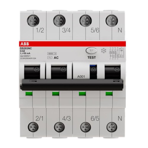 Дифференциальный автомат ABB DS203NC C32А 30mA тип АС 3P+N трехфазный электромеханический 6кА (дифавтомат, АВДТ) 2CSR256040R3324