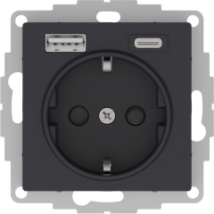 ATLASDESIGN РОЗЕТКА 16А c 2 USB A+С, 5В/2,4А/3,0А, 2х5В/1,5А, механизм, КАРБОН, ATN001032