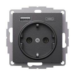 ATLASDESIGN РОЗЕТКА 16А с 2 USB A+C, 5В/2,4А/3,0А, 2х5В/1,5А, механизм, БАЗАЛЬТ, ATN001432
