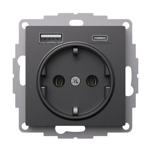 ATLASDESIGN РОЗЕТКА 16А с 2 USB A+C, 5В/2,4А/3,0А, 2х5В/1,5А, механизм, БАЗАЛЬТ, ATN001432