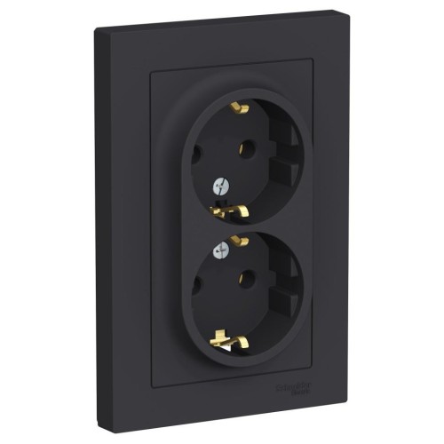 ATLASDESIGN РОЗЕТКА двойная с заземлением, 16А, в сборе, КАРБОН, ATN001024