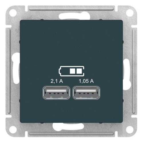 ATLASDESIGN USB РОЗЕТКА, 5В, 1 порт x 2,1 А, 2 порта х 1,05 А, механизм, ИЗУМРУД, ATN000833