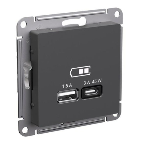 ATLASDESIGN USB РОЗЕТКА A + тип-C 45Вт высокоскор.заряд. QC, PD, механизм, БАЗАЛЬТ, ATN001429