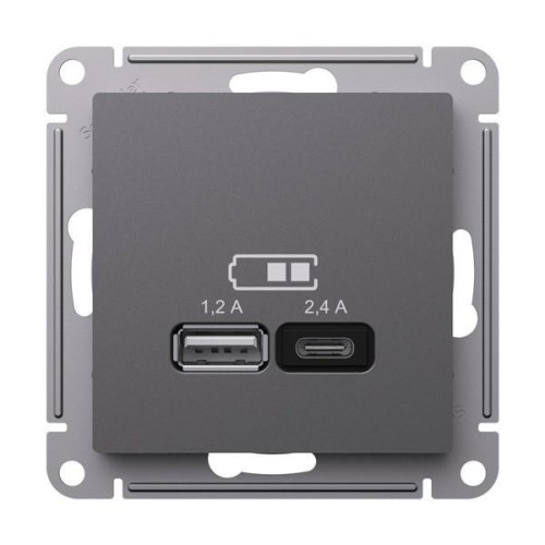 ATLASDESIGN USB РОЗЕТКА А+С, 5В/2,4 А, 2х5В/1,2 А, механизм, БАЗАЛЬТ, ATN001439