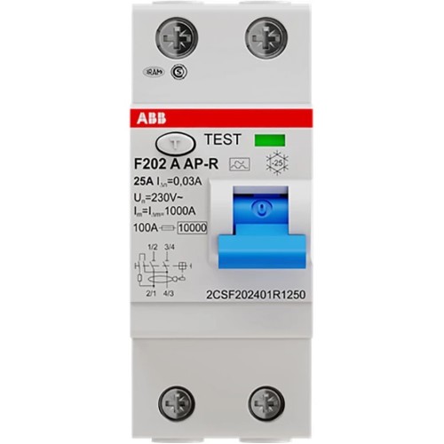 УЗО ABB F202 A-25/0,03 2-х полюсное тип A 25A 30mA 2 модуля (ВДТ) 2CSF202101R1250