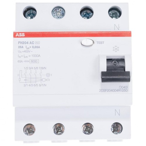 УЗО ABB FH204 AC-25/0,3 4-х полюсное тип AC 25A 300mA 4 модуля (ВДТ) 2CSF204003R3250